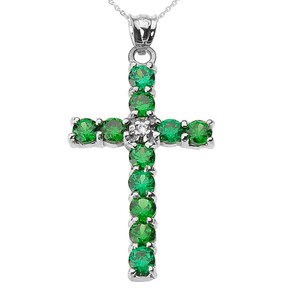 10k White Gold Diamond and Green CZ Cross Pendant Necklace