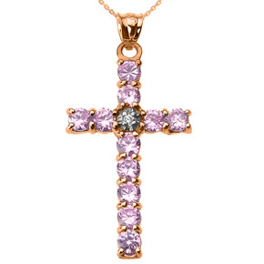 10k Rose Gold Diamond and Pink CZ Cross Pendant Necklace