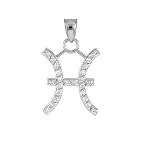 14K White Gold Pisces Zodiac Sign Diamond Pendant Necklace