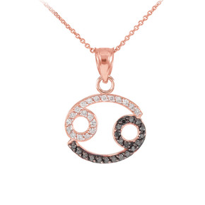 14K Rose Gold Cancer Zodiac Sign Black Diamond Pendant Necklace