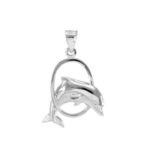 .925 Sterling Silver Hoop Jumping Dolphin Pendant Necklace