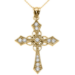 Yellow Gold Diamond Celtic Cross Pendant Necklace