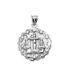 Sterling Silver Libra October Zodiac Sign Round Pendant Necklace