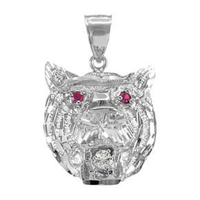 Sterling Silver Tiger Head Red CZ Pendant