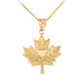 Gold Maple Leaf CANADA Heart Pendant Necklace (Available in Yellow Gold / Rose Gold / White Gold)