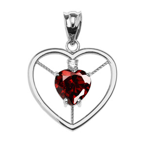 Elegant White Gold CZ and January Birthstone CZ Solitaire Heart Pendant Necklace