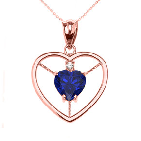 Elegant Rose Gold CZ and September Birthstone Blue CZ Heart Solitaire Pendant Necklace