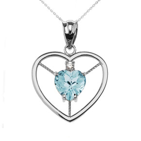 Elegant Sterling Silver CZ and March Birthstone Aqua CZ  Heart Solitaire Pendant Necklace