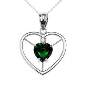 Elegant White Gold CZ and May Birthstone Green CZ Heart Solitaire Pendant Necklace