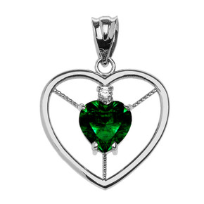 Elegant Sterling Silver CZ and May Birthstone Green CZ Heart Solitaire Pendant Necklace