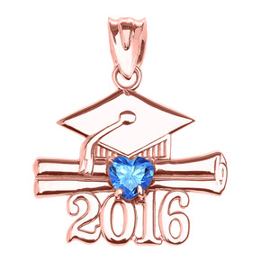 Rose Gold Heart December Birthstone Light Blue CZ Class of 2016 Graduation Pendant Necklace