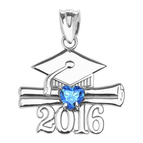 White Gold Heart December Birthstone Light Blue CZ Class of 2016 Graduation Pendant Necklace