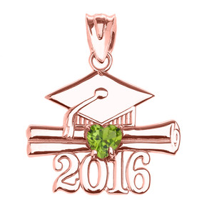 Rose Gold Heart August Birthstone Light Green Cz Class of 2016 Graduation Pendant Necklace