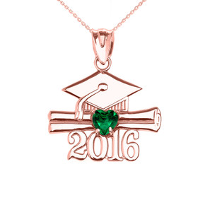 Rose Gold Heart May Birthstone Green Cz Class of 2016 Graduation Pendant Necklace