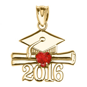Yellow Gold Heart July Birthstone Red CZ Class of 2016 Graduation Pendant Necklace