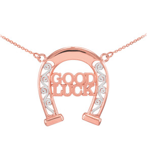 14k Two-Tone Rose Gold GOOD LUCK Horseshoe Filigree Necklace