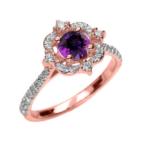 Rose Gold Genuine Amethyst And Diamond Dainty Engagement Proposal Ring