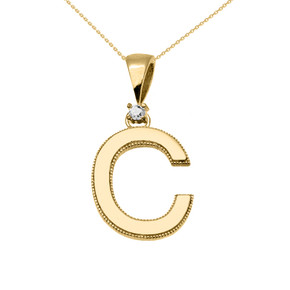 Yellow Gold Diamond Solitaire Letter "C" Initial High Polish Milgrain Pendant Necklace