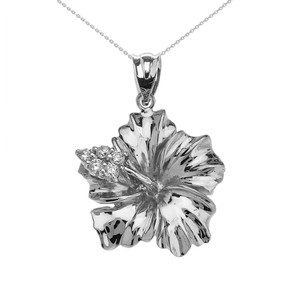 Sterling Silver Caribbean Hibiscus (Malvaceae) Cubic Zirconia Pendant Necklace Sterling Silver Caribbean Hibiscus (Malvaceae) Cubic Zirconia Pendant Necklace