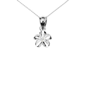 Delicate White Gold Hawaiian Plumeria Cubic Zirconia Charm Pendant Necklace