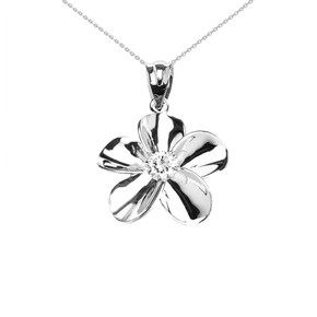 Sterling Silver Hawaiian Plumeria Cubic Zirconia Pendant Necklace