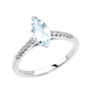 White Gold Dainty Marquise Aquamarine  and Diamond Proposal Ring