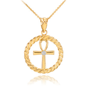 Gold Roped Circle Egyptian Ankh Cross with Diamond Pendant Necklace (Available in Yellow/Rose/White Gold)