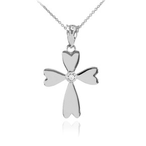 White Gold Solitaire Diamond Heart Cross Charm Pendant Necklace