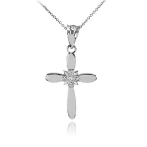 Dainty White Gold Solitaire Diamond Cross Charm Pendant Necklace