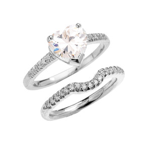 White Gold Dainty Heart Shape Cubic Zirconia Solitaire Wedding Ring Set