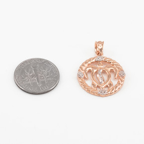 Rose Gold Roped Circle Diamond-Accented Hawaiian Honu Turtle Pendant Necklace