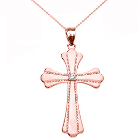 Rose Gold Solitaire Cubic Zirconia High Polish Milgrain Cross Pendant Necklace (Medium)