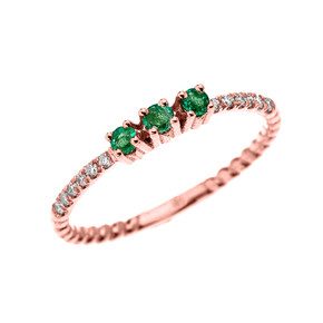 Rose Gold DaintyThree Stone Emerald and Diamond Rope Design Engagement/Proposal/Stackable Ring