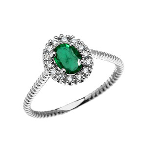 White Gold Dainty Halo Diamond and Oval Emerald Solitaire Rope Design Engagement/Promise Ring