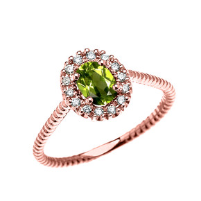 Rose Gold Dainty Halo Diamond and Oval Peridot Solitaire Rope Design Engagement/Promise Ring