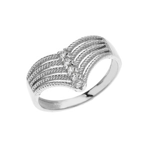 White Gold Modern Chevron 5 Stone Diamond Rope Design Ring