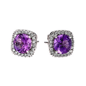 14K Gold Elegant Diamond Cushion Halo Solitaire Amethyst Stud Earrings(Available in Yellow/White Gold)