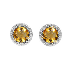 Halo Stud Earrings in Two Tone Yellow Gold with Solitaire Citrine and Diamonds