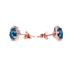 Halo Stud Earrings in Two Tone Rose Gold with Solitaire London Blue Topaz and Diamonds