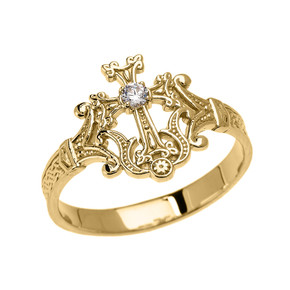 Gold Solitaire Cubic zirconia Armenian Cross Elegant Ring