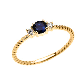 Yellow Gold Dainty Solitaire Sapphire and White Topaz Rope Design Promise/Stackable Ring