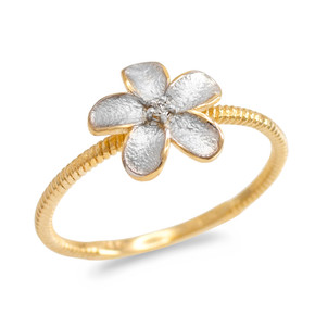 Gold Diamond Hawaiian Plumeria Flower Ring (Available in Two Tone Yellow / Two Tone Rose / White Gold)