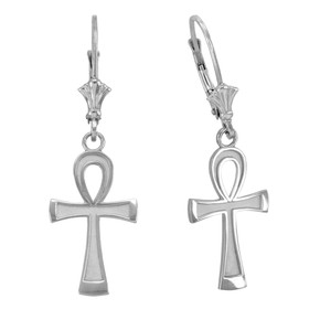 .925 Sterling Silver Egyptian Ankh Cross Leverback Earrings front and side view