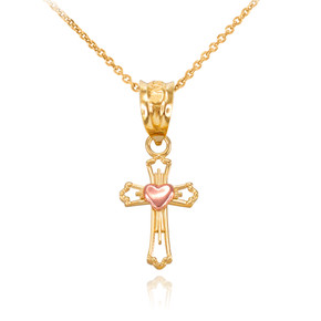 Gold Heart Cross Necklace (Available in Two Tone Yellow and Rose / Two Tone Rose and White /  White Gold)