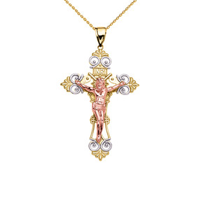 Tri-Color Yellow Gold INRI Crucifix Pendant Necklace (Small)