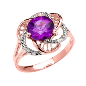 Rose Gold  Amethyst Solitaire Modern Flower Ladies Ring