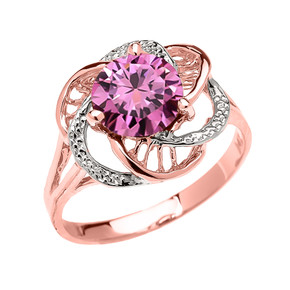 Rose Gold Pink CZ Solitaire Modern Flower Ladies Ring