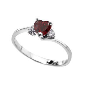 Dainty White Gold Garnet Heart And C.Z Promise Ring