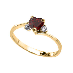 Dainty Yellow Gold Garnet And C.Z Heart Promise Ring