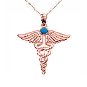 Rose Gold Turquoise "Caduceus"  Medical Pendant Necklace